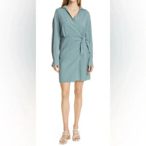 VINCE Wrap Front Long Sleeve Shirtdress in Celadon Green Mini Dress Womens Small